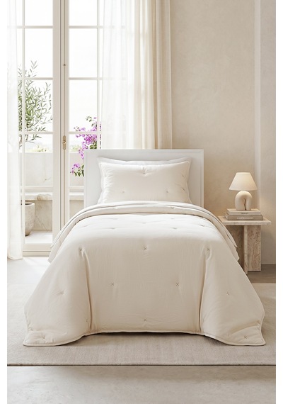 Ocean Home Textile Nakışlı Ekru Tek Kişilik Yatak Örtüsü Seti 1 Adet 180 X 230 / 1 Adet 50 X 70 Cm