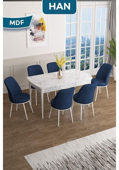 Canisa Han Serisi, 70x114 Açılabilir Mdf Masa Takımı, Beyaz Mermer Desen Masa Ve 6 Lacivert Sandalye Masa Beyaz Mermer Sandalyeler Lacivert Canisa Han Serisi, 70x114 Açılabilir Mdf Masa Takımı, Beyaz Mermer Desen Masa Ve 6 Lacivert Sandalye Masa Beyaz Mermer Sandalyeler Lacivert