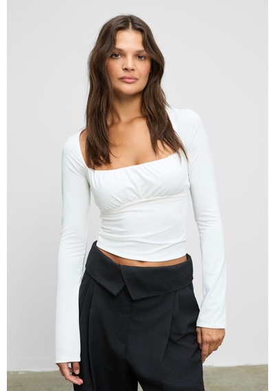Grımelange Sılıvra Kadın Havuz Yakalı Esnek Kumaşlı Slim Fit Beyaz Bluz Beyaz