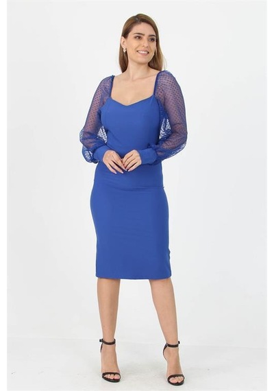 Dip Moda Kadın Yeni Sezon Kolları Tül Midi Boy Likralı Elbise Nb10004 Saks