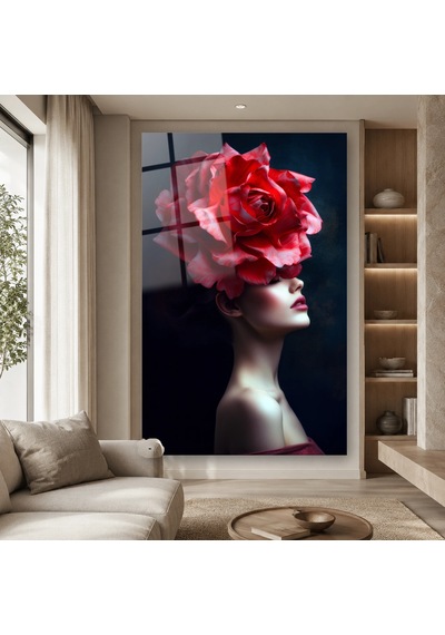 Kırmızı Gül Başlıklı Kadın Çerçevesiz Cam Tablo