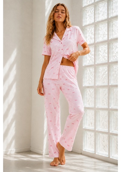 Kadın Genç Loose İpliği Boyalı Pembe Pijama Takımı