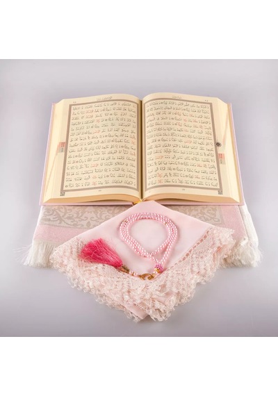 Şal + Seccade + Tesbih + Kuran Hediye Seti Çanta Boy, Ekonomik Cilt, Pembe