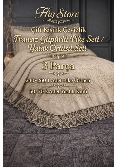 Sandy Fransız Güpürlü Çeyizlik Çift Kişilikbattal Boy Pike Örtüsü Seti / Yatak Örtüsü Seti 3 Parça Krem