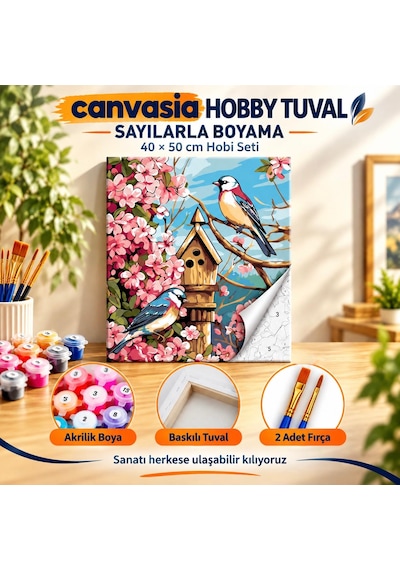 Sayılarla Boyama Numaralı Tuval Seti Boya Fırça Dahil 40x50 Cm Bahar Kuşları
