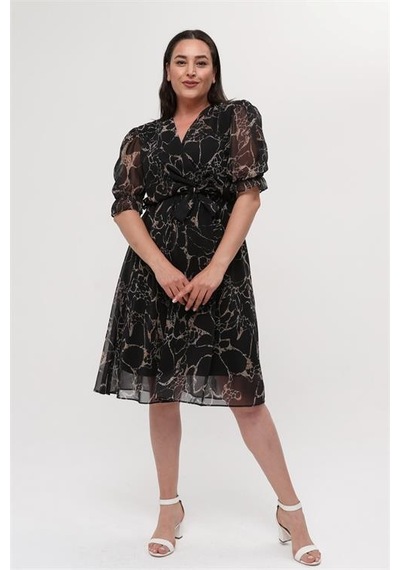 Neşeli Butik Kadın Astarlı Büyük Beden Şifon Elbise Ryx8063 Siyah