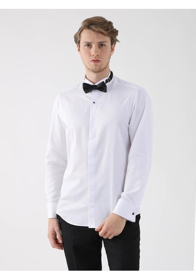 Dufy Beyaz Erkek Slim Fit Ata Yaka Duble Manşetli Kol Gömlek - 94418 Beyaz