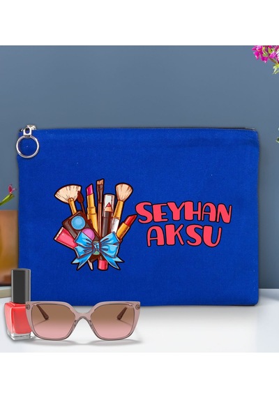 Bk Gift Kişiye Özel İsimli-3 Astarlı Mavi Portföy Çanta 30x21cm, Baskılı El Çantası, Organizer Çanta
