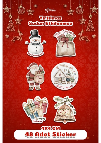 Mutlı Yıllar Sticker 4 Cm 48 Adet - Suya Dayanıklı Yeni Yıl Yılbaşı Sticker , Hediye Paketi Süsü