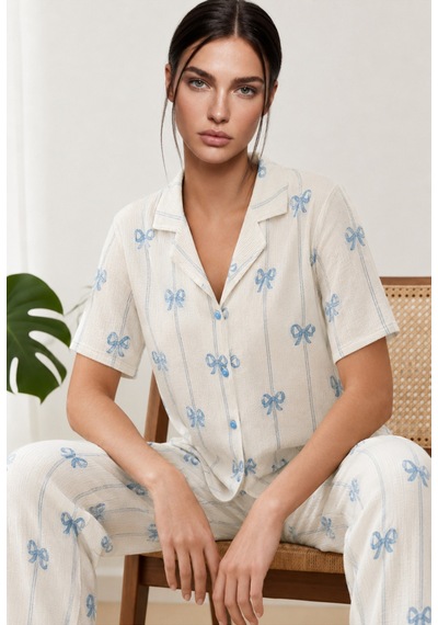 Womanandkids Night Mavi Kadın Kısa Kollu Fiyonk Desenli Pijama Takımı 4771