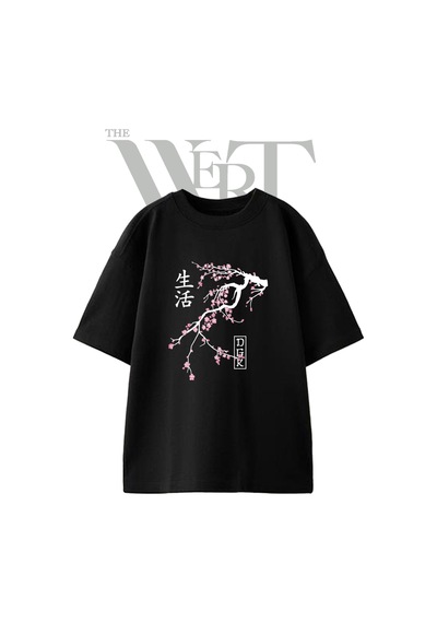 Thewert Sakura Kanji Tasarım Baskılı Ünisex Siyah Oversize T-shirt