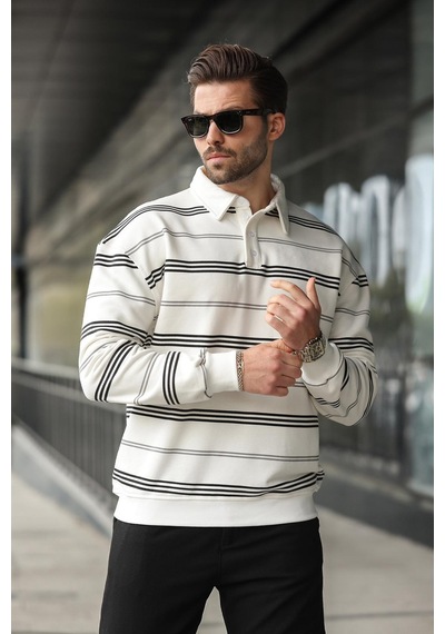 Madmext Ekru Çizgili Polo Yaka Erkek Sweatshirt E7172 Ekru