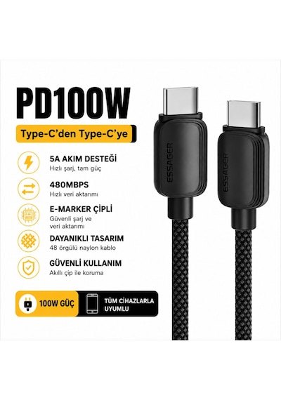 Essager 100w Pd Usb-c Type-c To Type-c 5a E-marker Çipli Hızlı Şarj Ve 480mbps Data Aktarım Örgülü Kablo Siyah-2 Metre