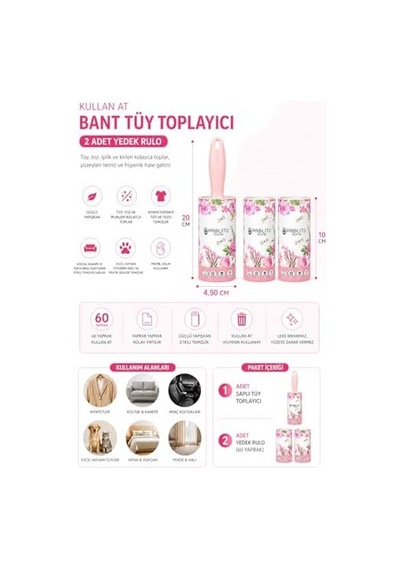 Saplı Tüy Toplayıcı Rulo Seti 2 Li Yedek Rulolu 60 Yaprak Kullan At Bantlı Güçlü Yapışkan Temizlik Rulosu, Evcil Hayvan Tüyü, Kıyafet, Koltuk, Halı Ve Araç İçi Pembe