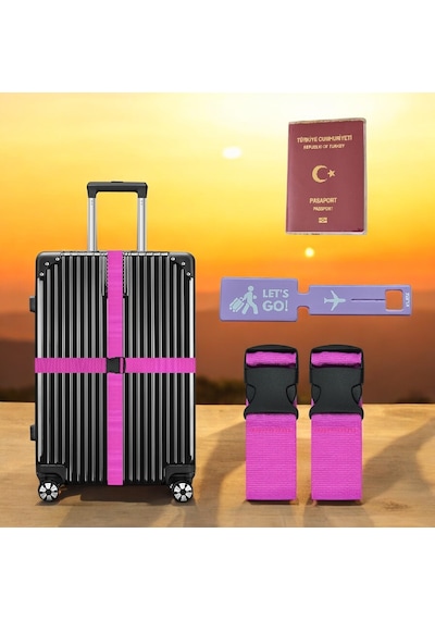 Tarix Valiz Kemeri 2 Adet + Etiket 1 Adet + Şeffaf Pasaport Kılıfı 1 Adet Pembe