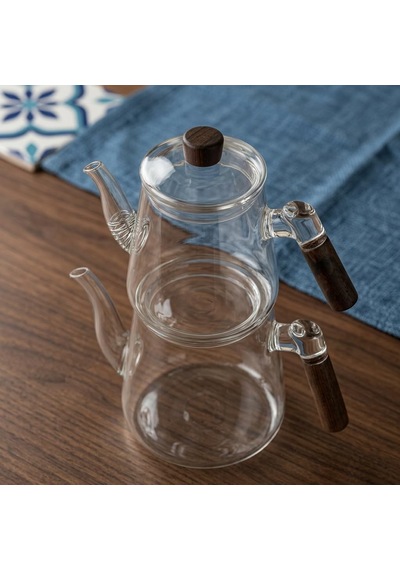 1000 Ml + 750 Ml Akasya Ahşap Kulplu Cam Çaydanlık Takımı - Isıya Dayanıklı Borosilikat Pürüzsüz Şeffaf Tasarım, Yaylı Süzgeçli Lüks Çaydanlık Çok Renkli