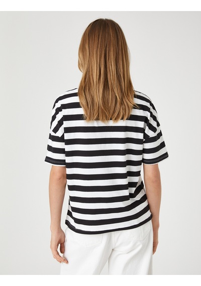 Koton Relax Fit Tişört Kısa Reglan Kollu Pamuklu Siyah Çizgili 1yap13207ek Siyah