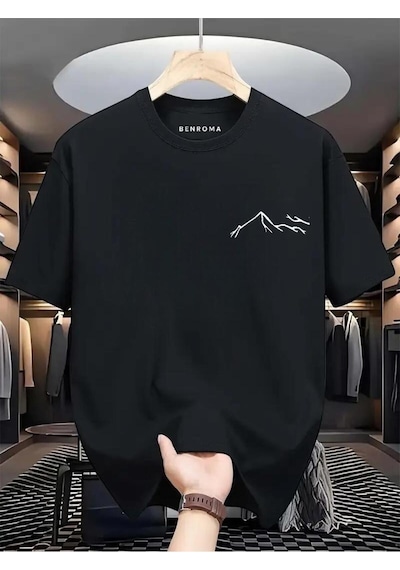 Beyaz Dağ Baskılı Oversize Tişört SIYAH