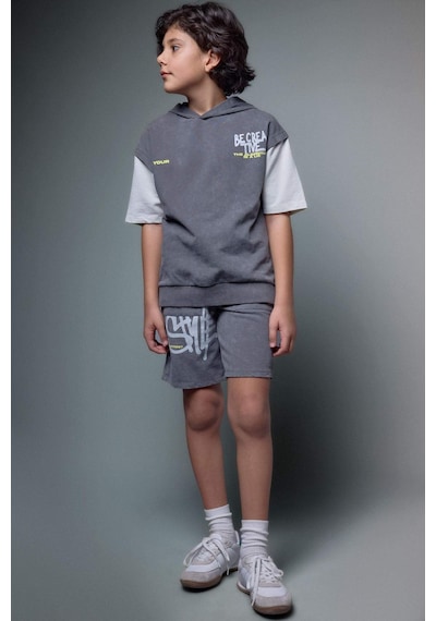 Defacto Oversıze Slogan Baskılı Sweatshirt Kumaşı Şort Erkek Çocuk G9729a826smgr452 Gri-gr452