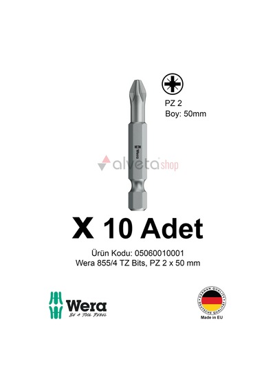 Alveta Wera 855/4 Tz Pz2 X 50mm Tornavida Ucu 10 Adet Pozidriv Vidalama Bits Seti Profesyonel Seri