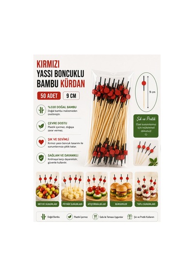 Kırmızı Yassı Boncuk Bambu Kürdan 9 Cm 50 Adet - 913959166