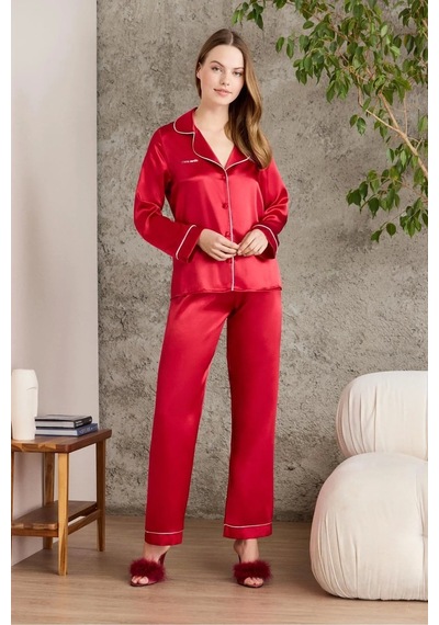 Pierre Cardin Saten Biyeli Pijama Takımı 1200 - Kırmızı
