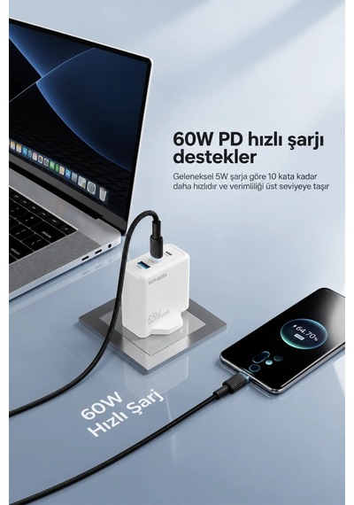 Ven-dens Vd-dc09cc 60 W Pd Type-c To Type-c Hızlı Şarj Ve Veri Kablosu, 1 Metre, Örgü Kaplama, Siyah