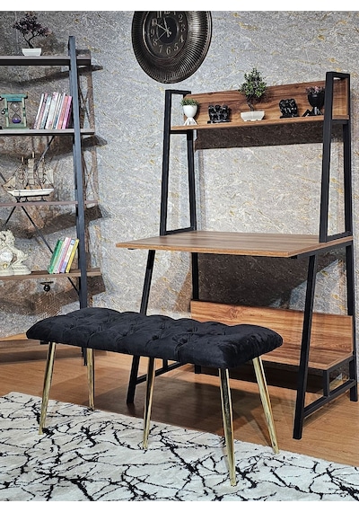 Zafir Gold Metal Siyah Oturaklı Sivriltme Ayaklı Babyface Puf & Bench & Oturak Siyah