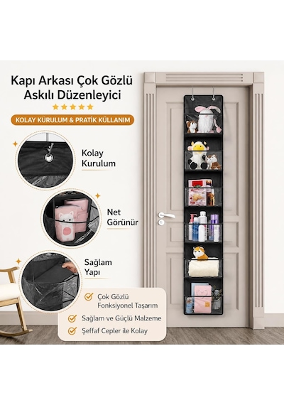 Kapı Arkası Organizer 6 Gözlü Askılı Dolap Düzenleyici Çok Amaçlı Kapı Arkası Raf Siyah Diğer