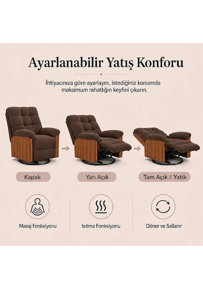 Smarto Relax Porto Tv Koltuğu Elektrikli Masajlı Isıtmalı Döner Sallanan Ahşap Yan Panelli Polyester Kumaş Baba Koltuğu Kahverengi