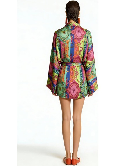 Fumee Melia Kısa Saten Sabahlık / Kimono Çok Renkli
