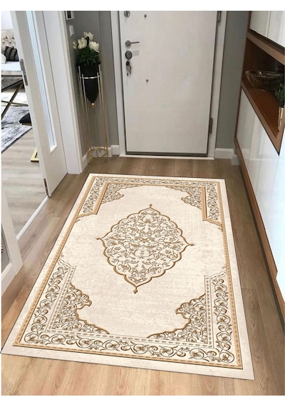 STY Home Yıkanabilir Halı Kaymaz Taban Halı Dekoratif Salon Mutfak 126 Kahverengi - Krem