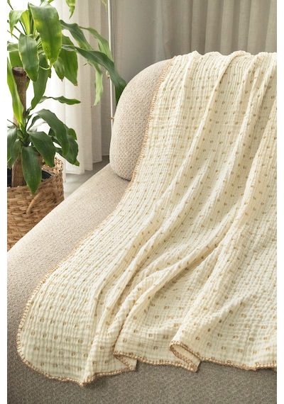 Krem Bej Müslin Tv Battaniyesi / Koltuk Şalı 130x170 Cm, 3 Katlı Noktalı, Çoban Dikişli Bej - Krem