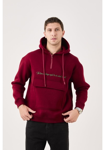 X-4005 Kapüşonlu Yarım Fermuarlı Sweat Bordo
