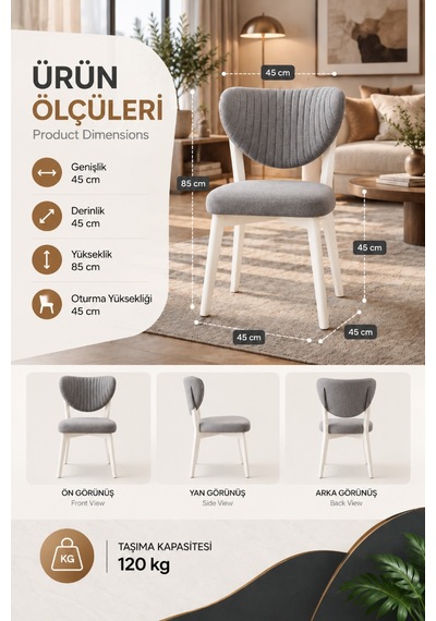 2'li Elma Model Sandalye Gri Kumaş Beyaz Metal Ayaklı Modern Mutfak Ve Salon Sandalyesi Antrasit