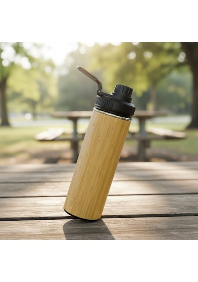 Lexroo 450 Ml Bambu Kaplama Tabanlı Mat Siyah Çelik Termos