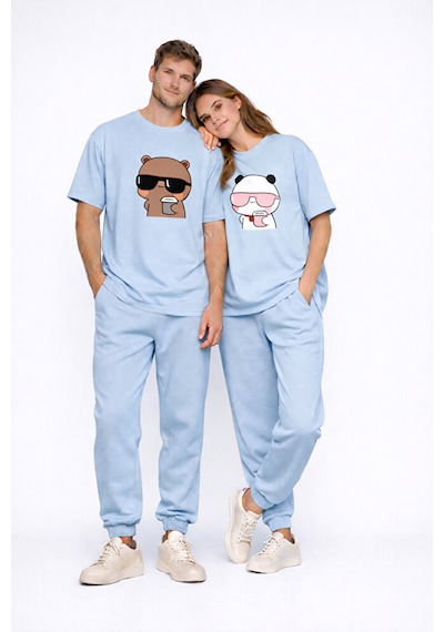 Sevgili Kombini Panda Bardak Baskılı Çift Tişört Oversize Unisex Mavi