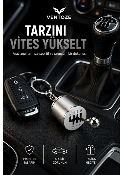 Hareketli Vites Topuzu Tasarımlı Metal Anahtarlık 6 İleri R Oto Aksesuar Gümüş Metal