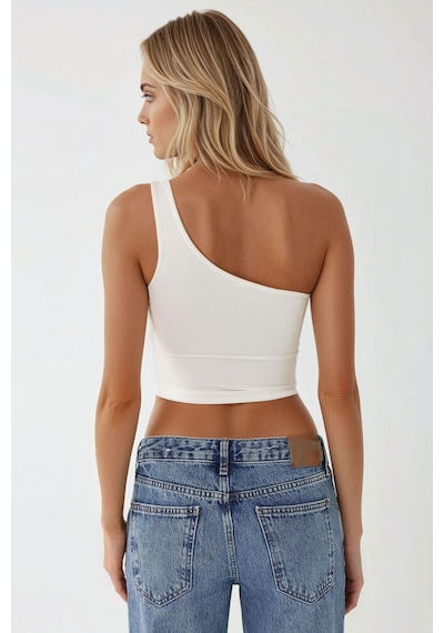 Hiccup Asimetrik Yaka Soft Crop Top Beyaz
