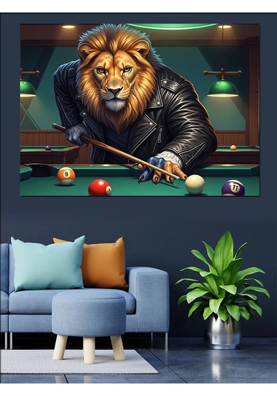 Bilardo Masasında Aslan Adam Dekoratif Kanvas - Mdf Ahşap Tablo