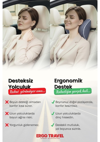 Viscofoam Carfort Büyük Visco Araç Boyun Yastığı – Ortopedik Oto Koltuk Boyun Desteği - Araç Yastığı - Gri | Ergo Travel