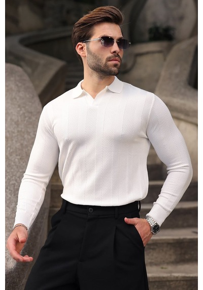 Madmext Beyaz Regular Fit Polo Yaka Triko Erkek Kazak E7509
