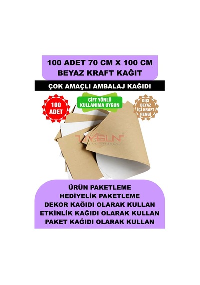 100 Adet 70cm X 100cm 120 Gr. Çift Yönlü Beyaz Kraft Ambalaj Kağıdı, Hediye Ürün Paketi, Çocuk Etkinlik Kağıdı