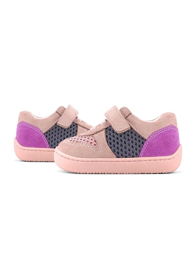 Rakerplus Bob Hakiki Deri Pudra Gri Mor Barefoot Cırtlı Lastikli Bebek Sneaker Ayakkabı Pudra