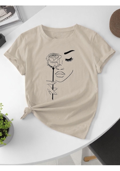 Uyguntarz Unisex Gül & Siluet Baskılı Tasarım Tshirt Bej