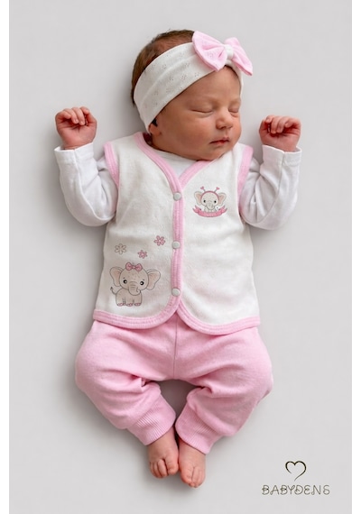 Babyden's 2 Li Kız Bebek Yelek Seti ,jakarlı Kalp Desenli,pamuklu,çıtçıtlı Bebek Yeleği Fil Baskılı,mevsimlik Ekru - Pembe