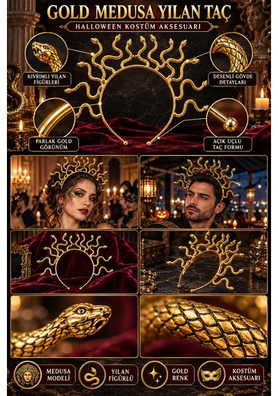 Halloween Gold Medusa Yılan Figürlü Saç Tacı Cadılar Bayramı Kostüm Partileri İçin Baş Aksesuarı