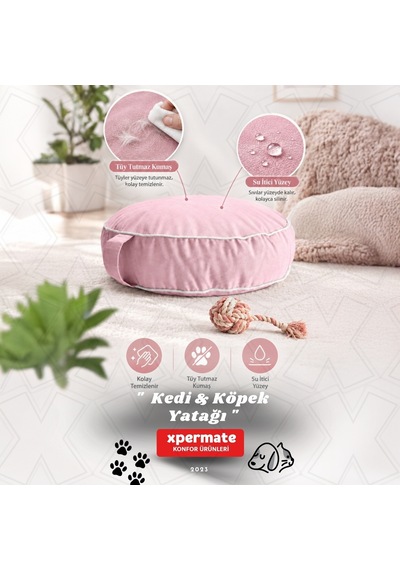 Xpermate Fermuarlı Kedi ve Köpek Minderi Yuvarlak Kedi Minderi Yıkanabilir Kedi Köpek Yatağı Pembe