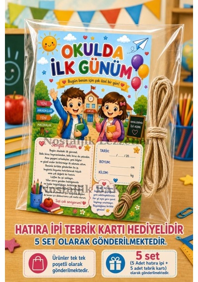 5 Adet Hatıra İpi Tebrik Kartı Hediyeli Okulda İlk Gün Hediye Seti 1. Sınıf-sene Başı Hatıra Tebrik Kartı Seti