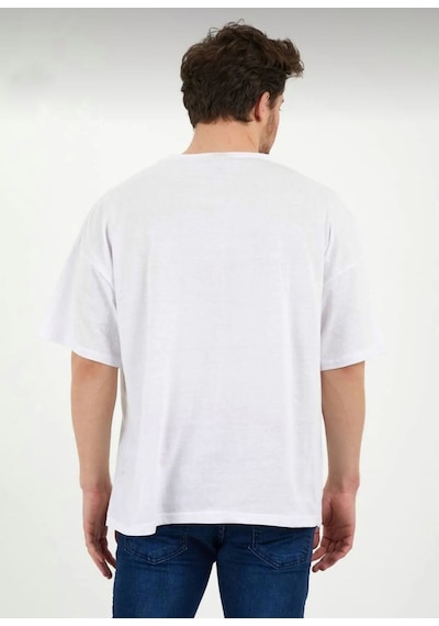 Erkek Oversize Pamuklu Bisiklet Yaka Kısa Kollu T-shirt BEYAZ